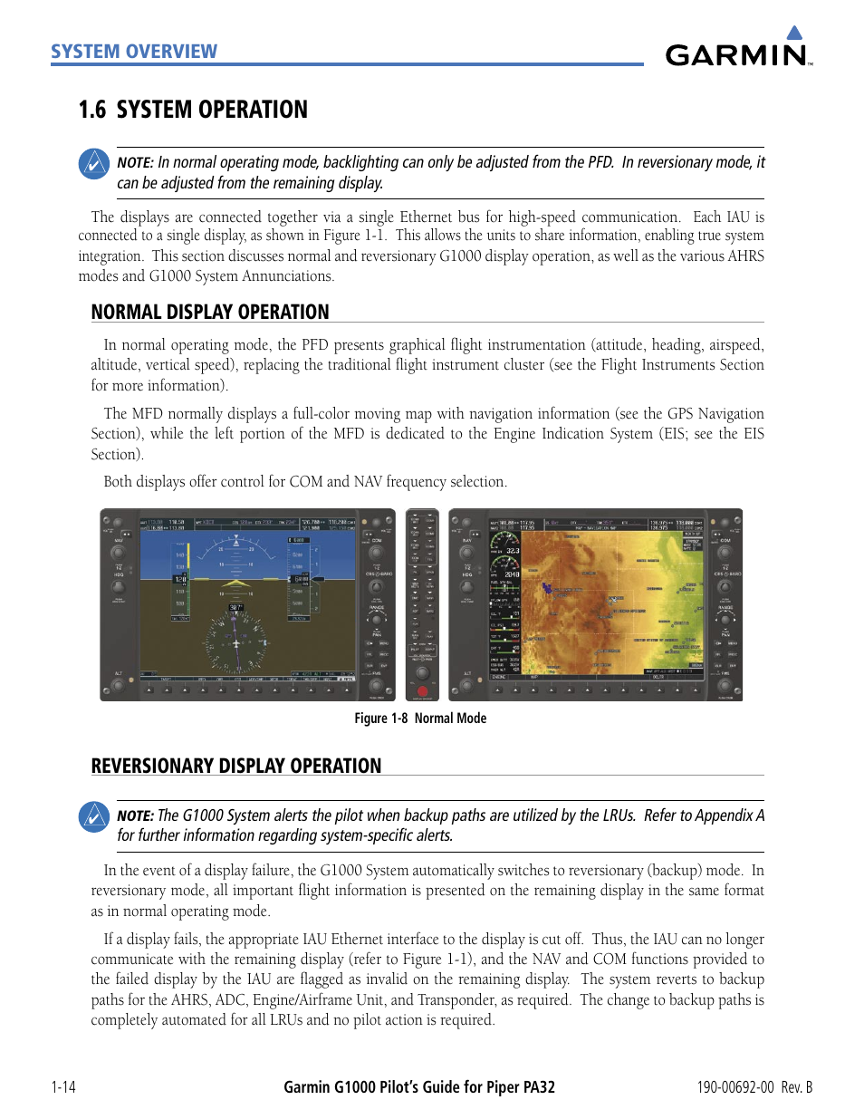 6 system operation, Normal display operation, Reversionary display operation | 6 system operation -14 | Garmin G1000 Piper PA32 User Manual | Page 24 / 450