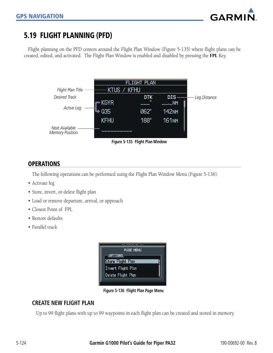 19 flight planning (pfd), Operations, 19 flight planning (pfd) -124 | Garmin G1000 Piper PA32 User Manual | Page 258 / 450