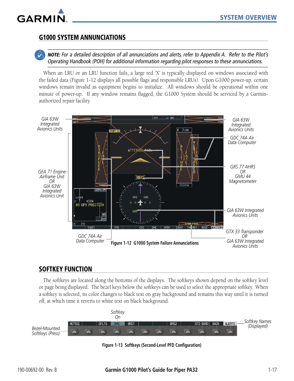 G1000 system annunciations, Softkey function, System overview | Garmin G1000 Piper PA32 User Manual | Page 27 / 450