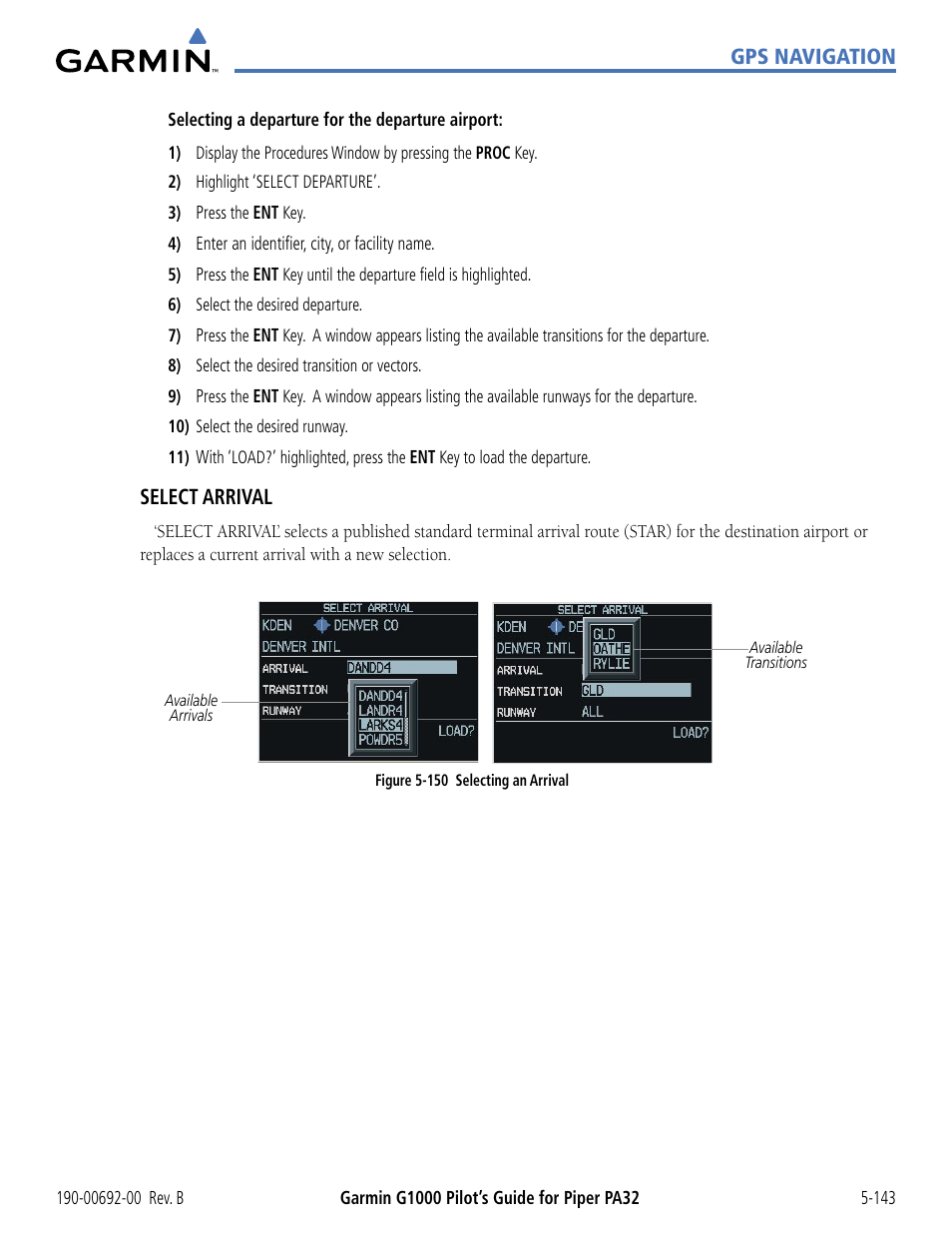 Gps navigation, Select arrival | Garmin G1000 Piper PA32 User Manual | Page 277 / 450