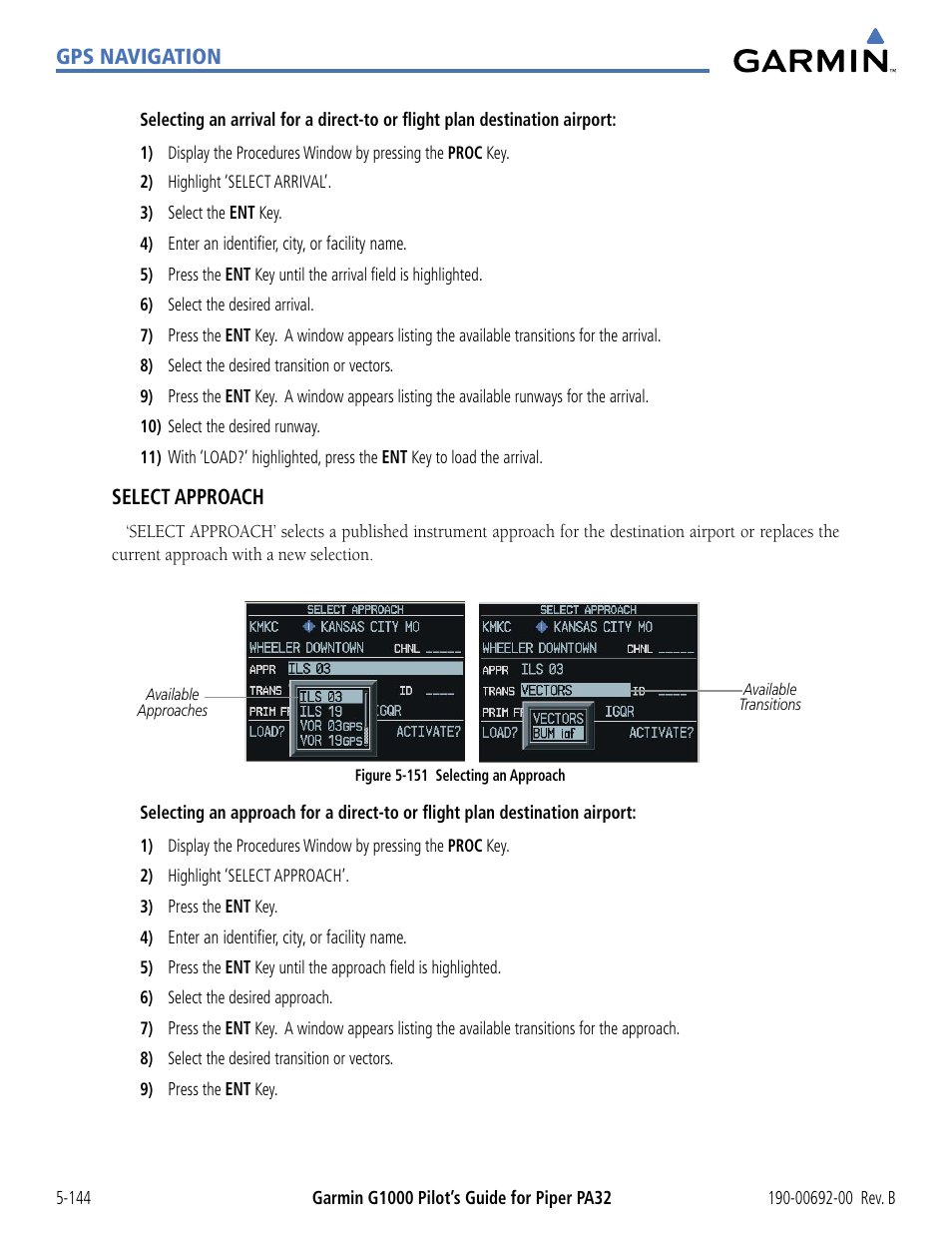 Gps navigation, Select approach | Garmin G1000 Piper PA32 User Manual | Page 278 / 450