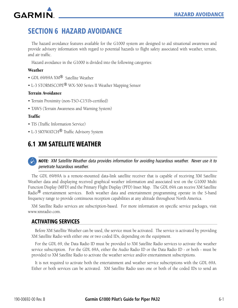 Section 6 hazard avoidance, 1 xm satellite weather, Activating services | 1 xm satellite weather -1 | Garmin G1000 Piper PA32 User Manual | Page 281 / 450