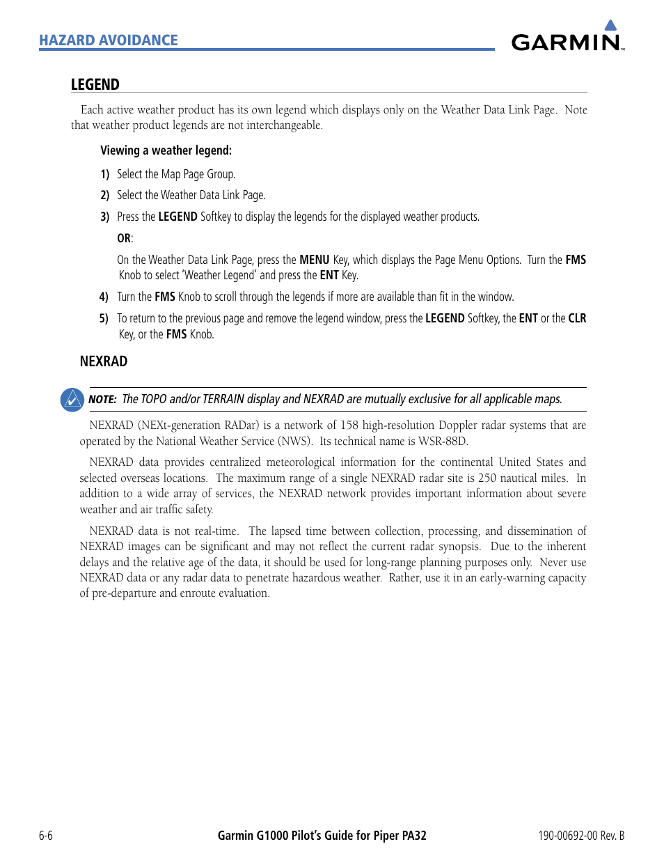 Legend | Garmin G1000 Piper PA32 User Manual | Page 286 / 450