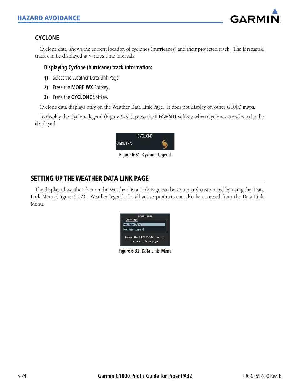 Setting up the weather data link page | Garmin G1000 Piper PA32 User Manual | Page 304 / 450