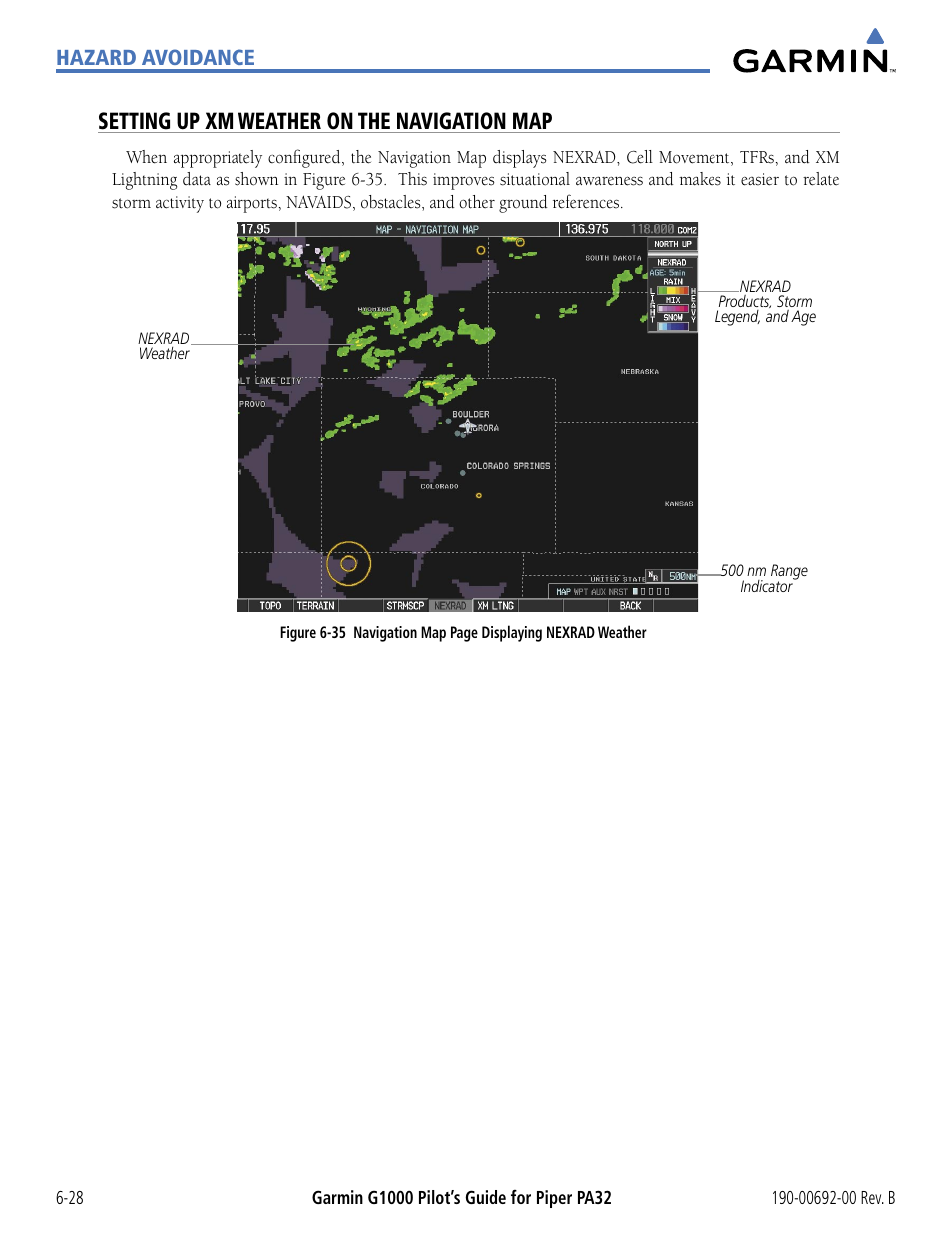 Setting up xm weather on the navigation map, Hazard avoidance | Garmin G1000 Piper PA32 User Manual | Page 308 / 450