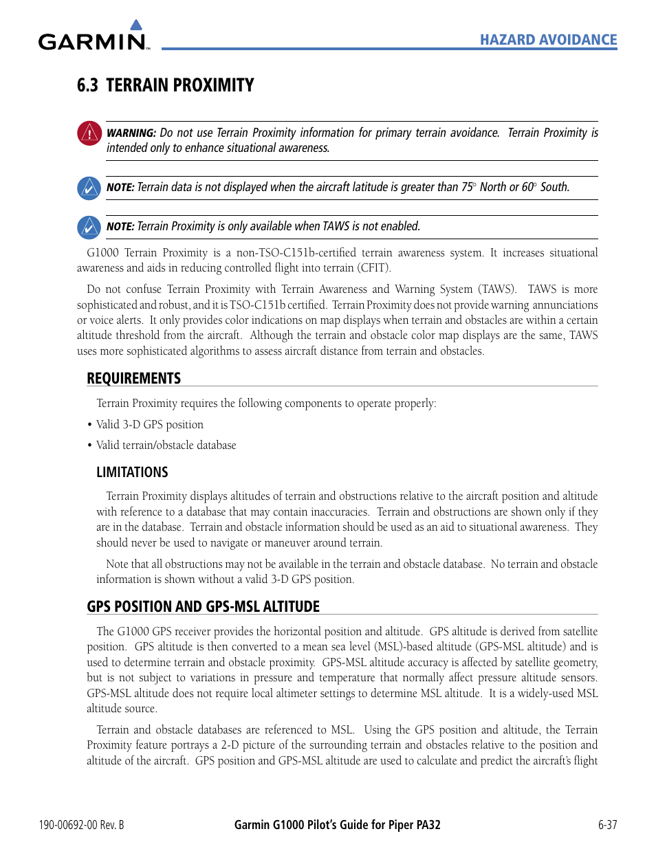 3 terrain proximity, Requirements, Gps position and gps-msl altitude | 3 terrain proximity -37 | Garmin G1000 Piper PA32 User Manual | Page 317 / 450