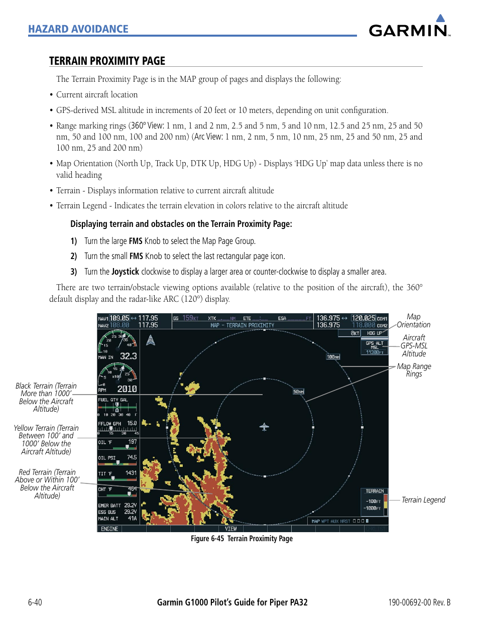 Terrain proximity page, Hazard avoidance | Garmin G1000 Piper PA32 User Manual | Page 320 / 450