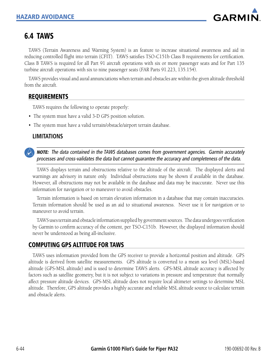 4 taws, Requirements, Computing gps altitude for taws | 4 taws -44 | Garmin G1000 Piper PA32 User Manual | Page 324 / 450