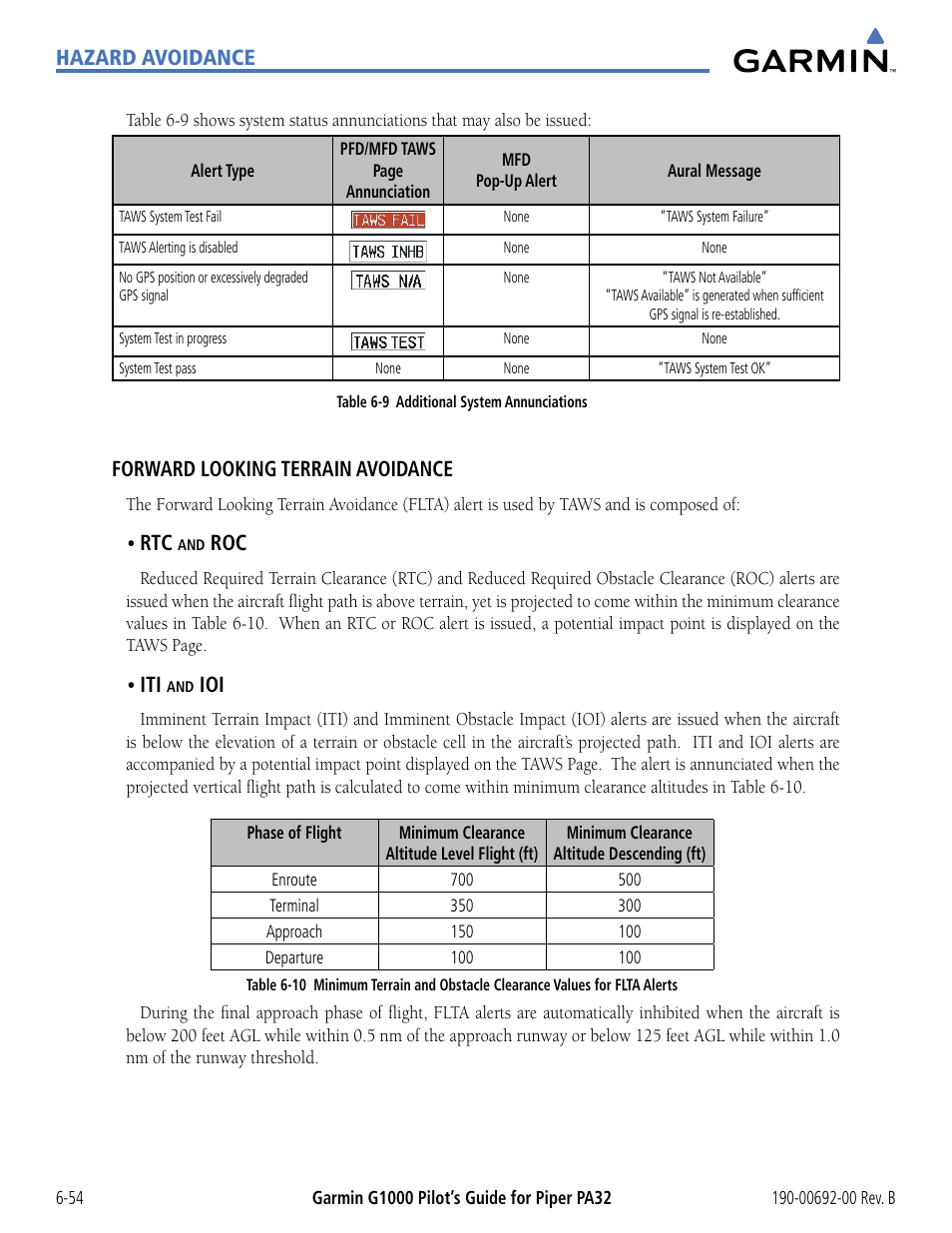 Hazard avoidance, Forward looking terrain avoidance | Garmin G1000 Piper PA32 User Manual | Page 334 / 450
