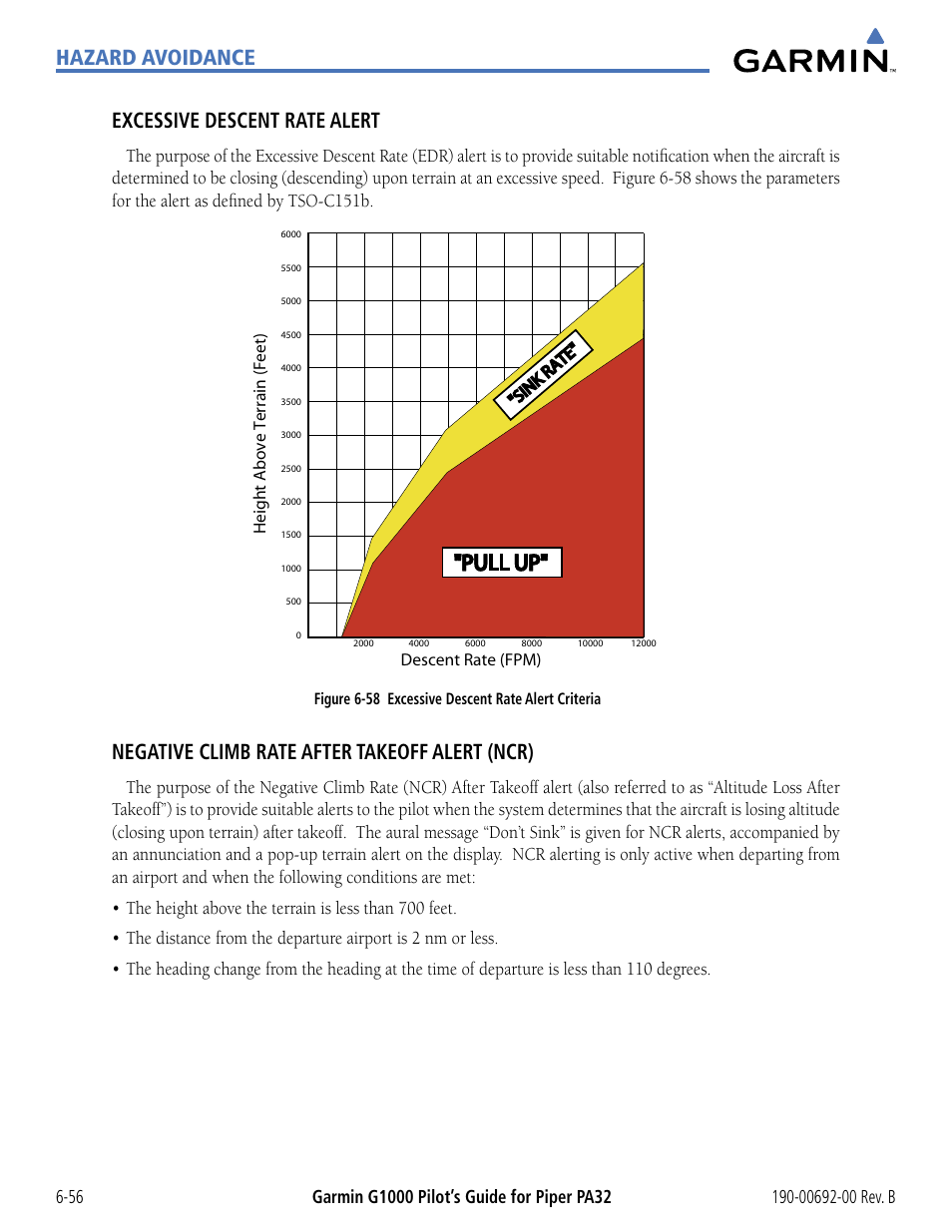 Pull up, Hazard avoidance excessive descent rate alert, Negative climb rate after takeoff alert (ncr) | Garmin G1000 Piper PA32 User Manual | Page 336 / 450