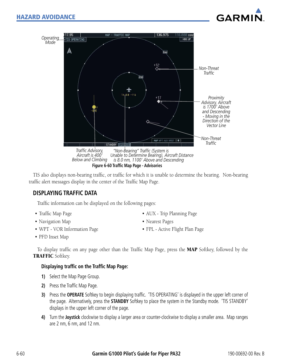 Hazard avoidance, Displaying traffic data | Garmin G1000 Piper PA32 User Manual | Page 340 / 450