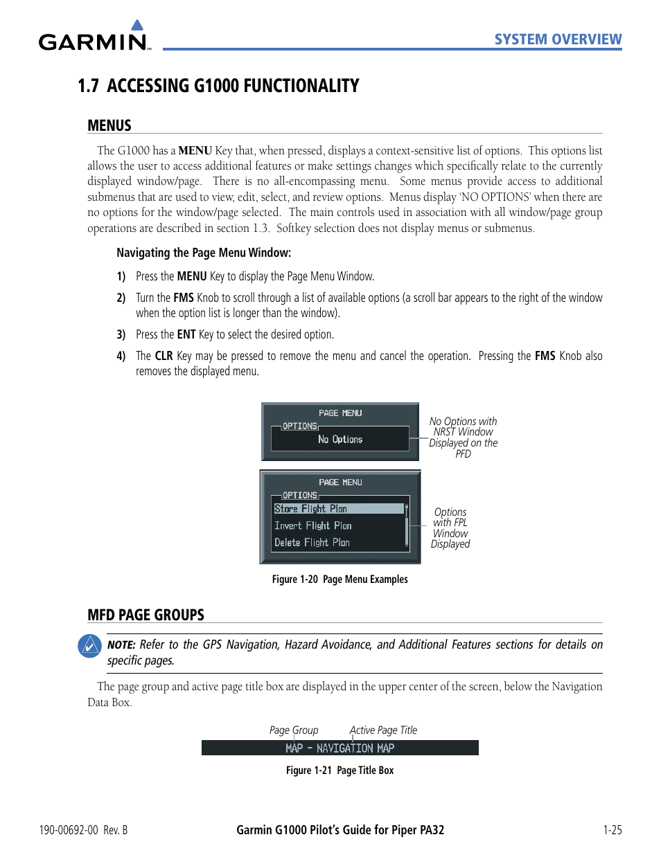 7 accessing g1000 functionality, Menus, 7 accessing g1000 functionality -25 | Mfd page groups | Garmin G1000 Piper PA32 User Manual | Page 35 / 450