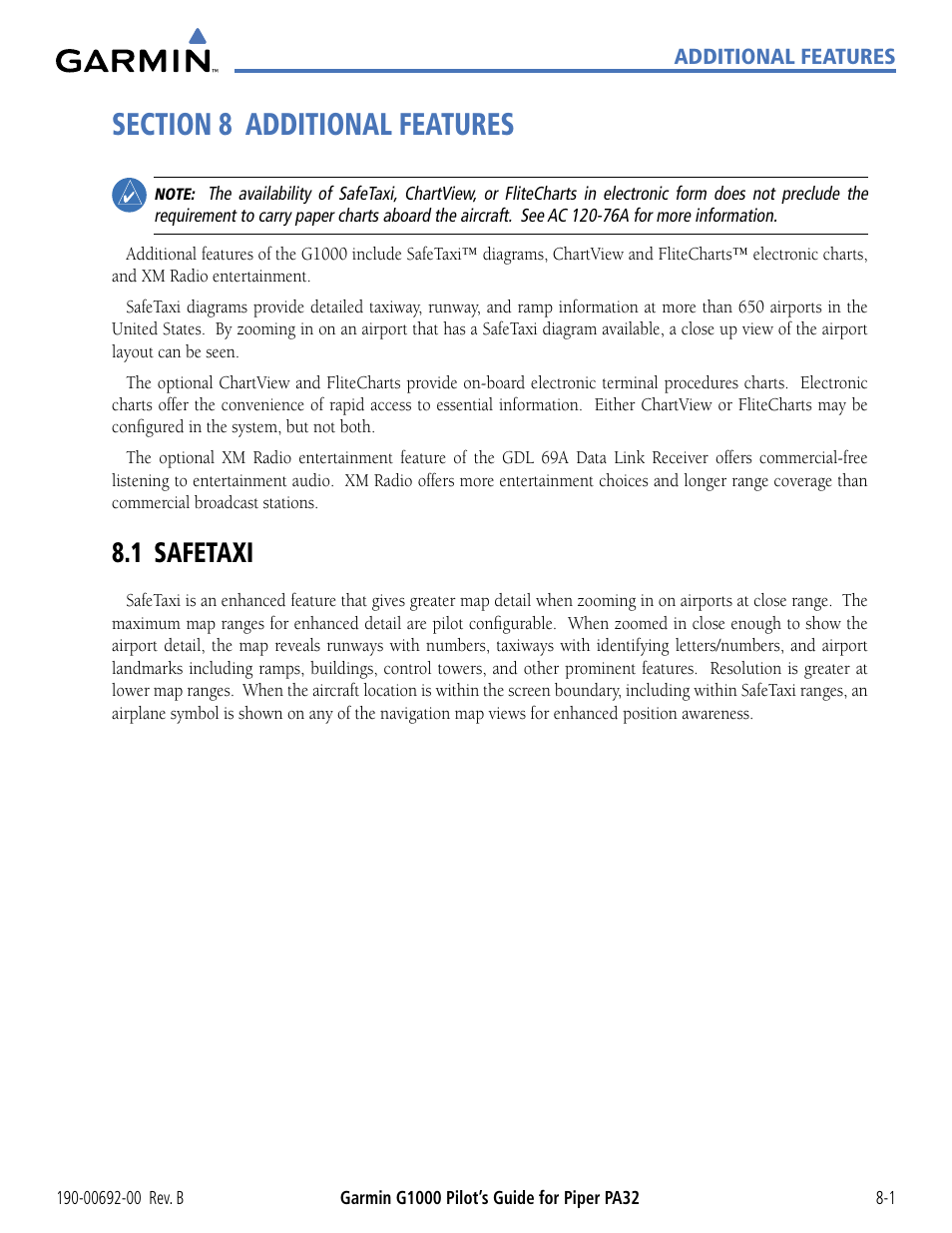 Section 8 additional features, 1 safetaxi, 1 safetaxi -1 | Garmin G1000 Piper PA32 User Manual | Page 353 / 450