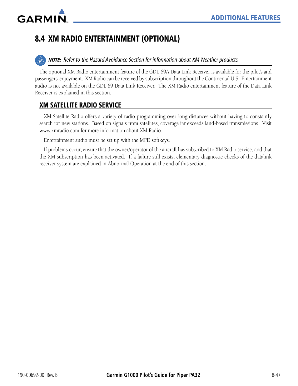 4 xm radio entertainment (optional), Xm satellite radio service, 4 xm radio entertainment (optional) -47 | Garmin G1000 Piper PA32 User Manual | Page 399 / 450