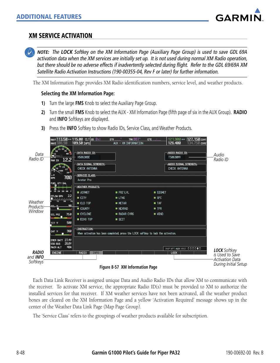 Xm service activation, Additional features | Garmin G1000 Piper PA32 User Manual | Page 400 / 450