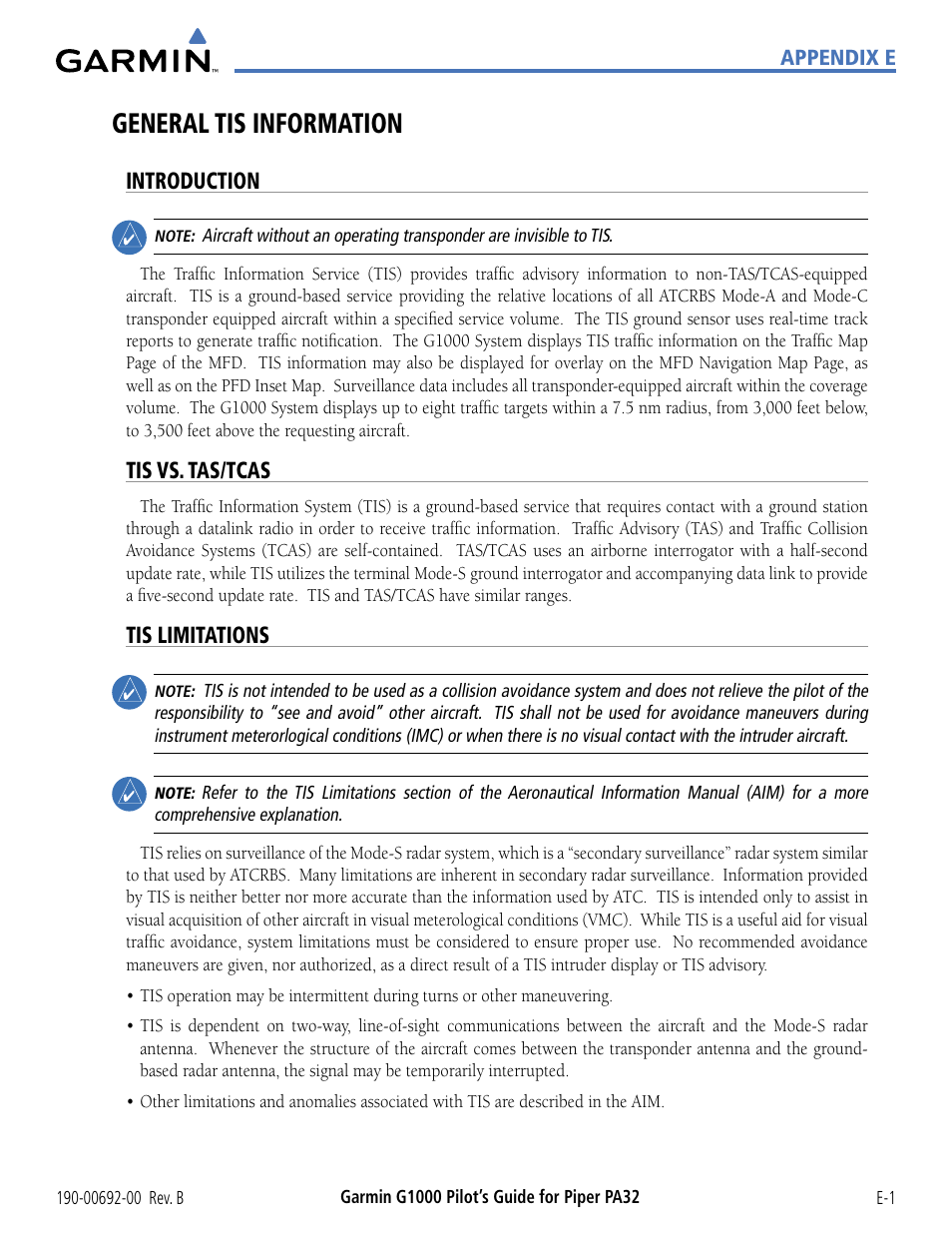General tis information, Introduction, Tis vs. tas/tcas | Tis limitations | Garmin G1000 Piper PA32 User Manual | Page 439 / 450