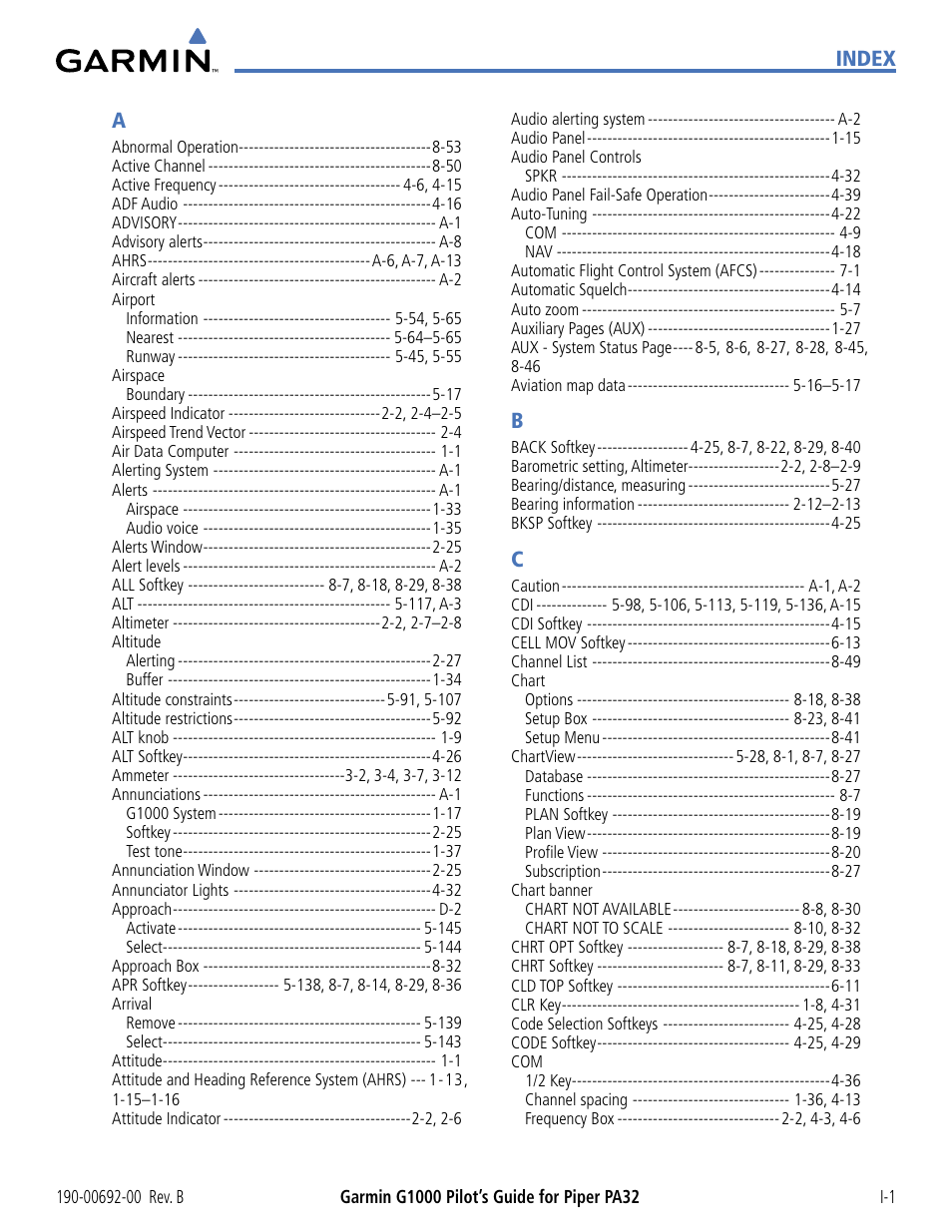 Index, Index a | Garmin G1000 Piper PA32 User Manual | Page 445 / 450