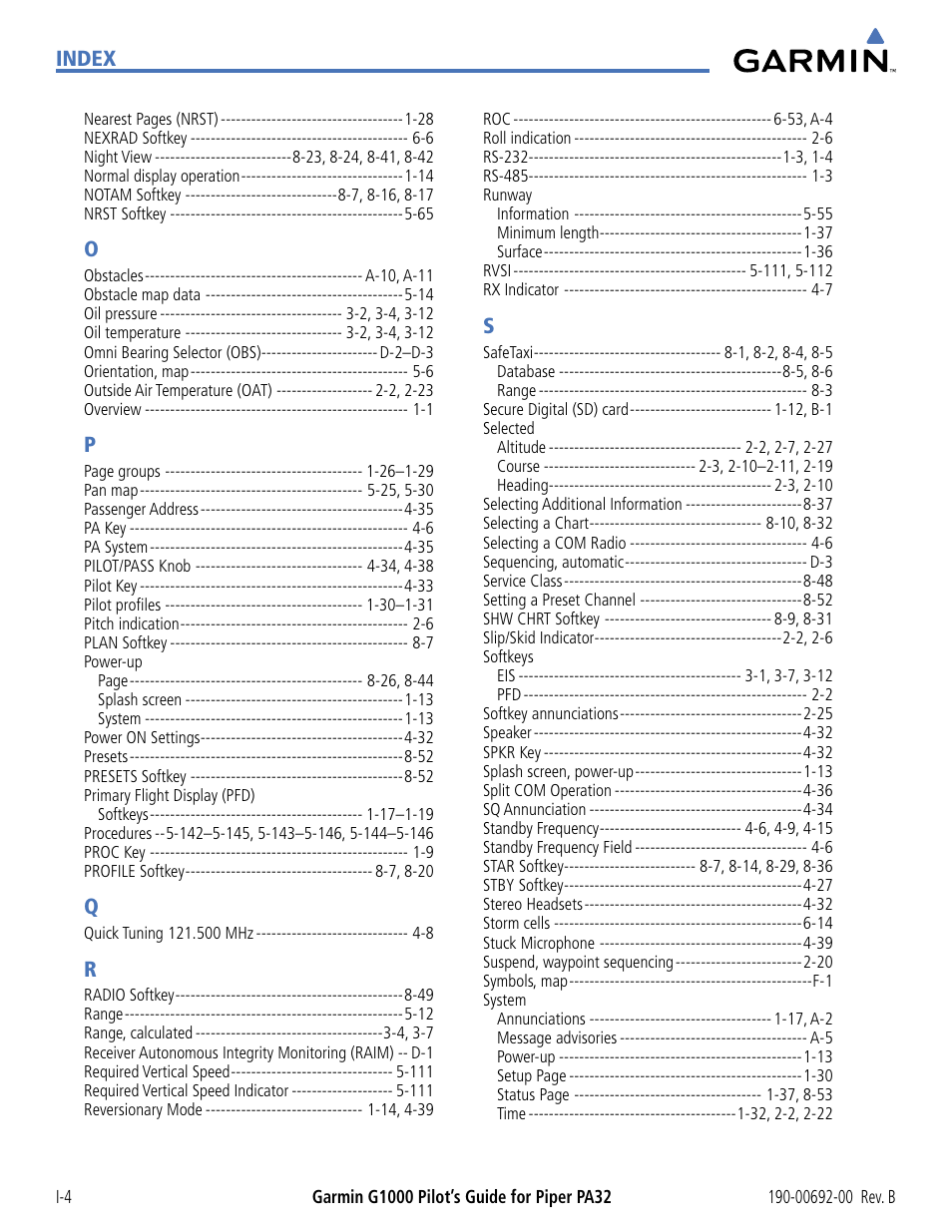 Index | Garmin G1000 Piper PA32 User Manual | Page 448 / 450
