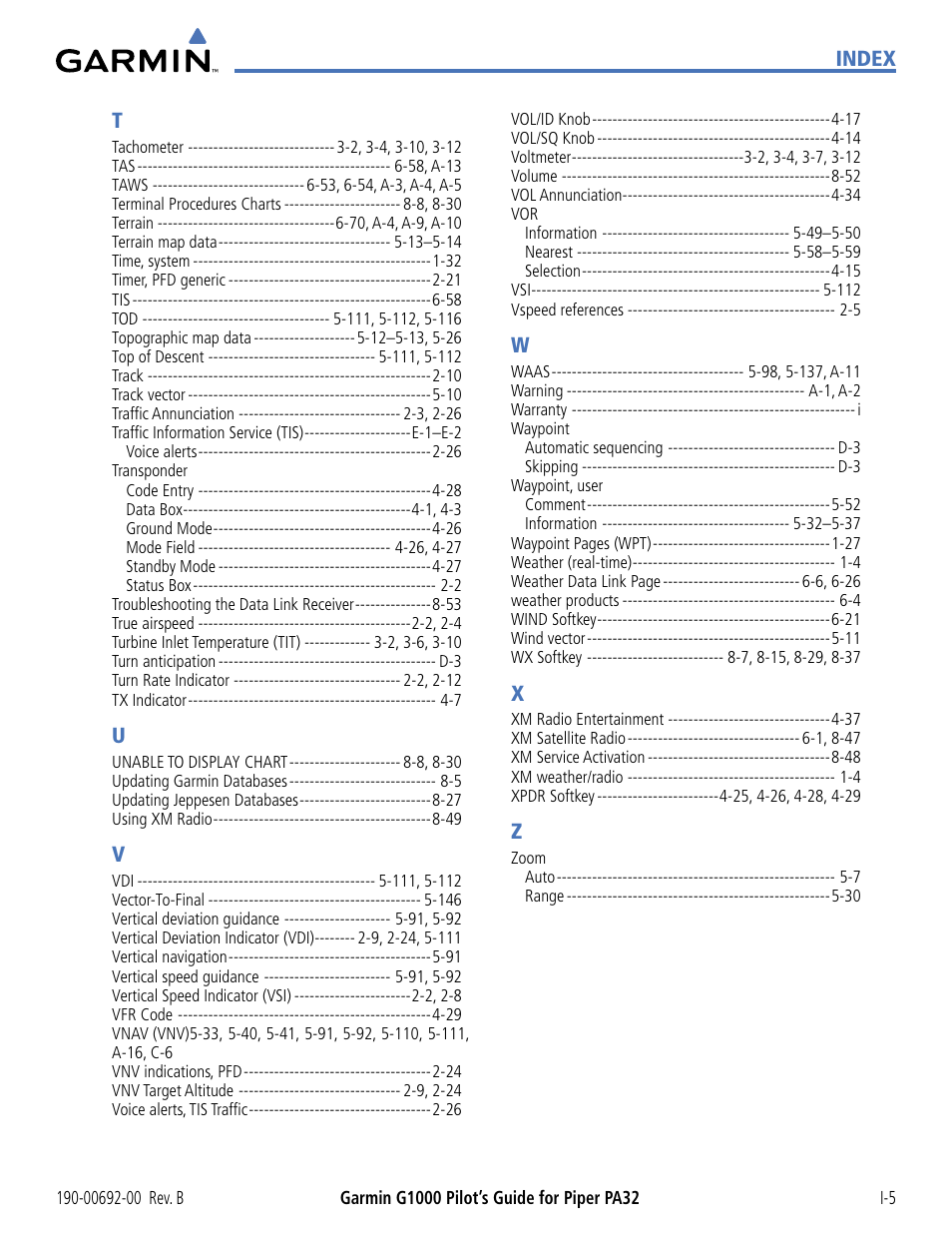 Index t | Garmin G1000 Piper PA32 User Manual | Page 449 / 450