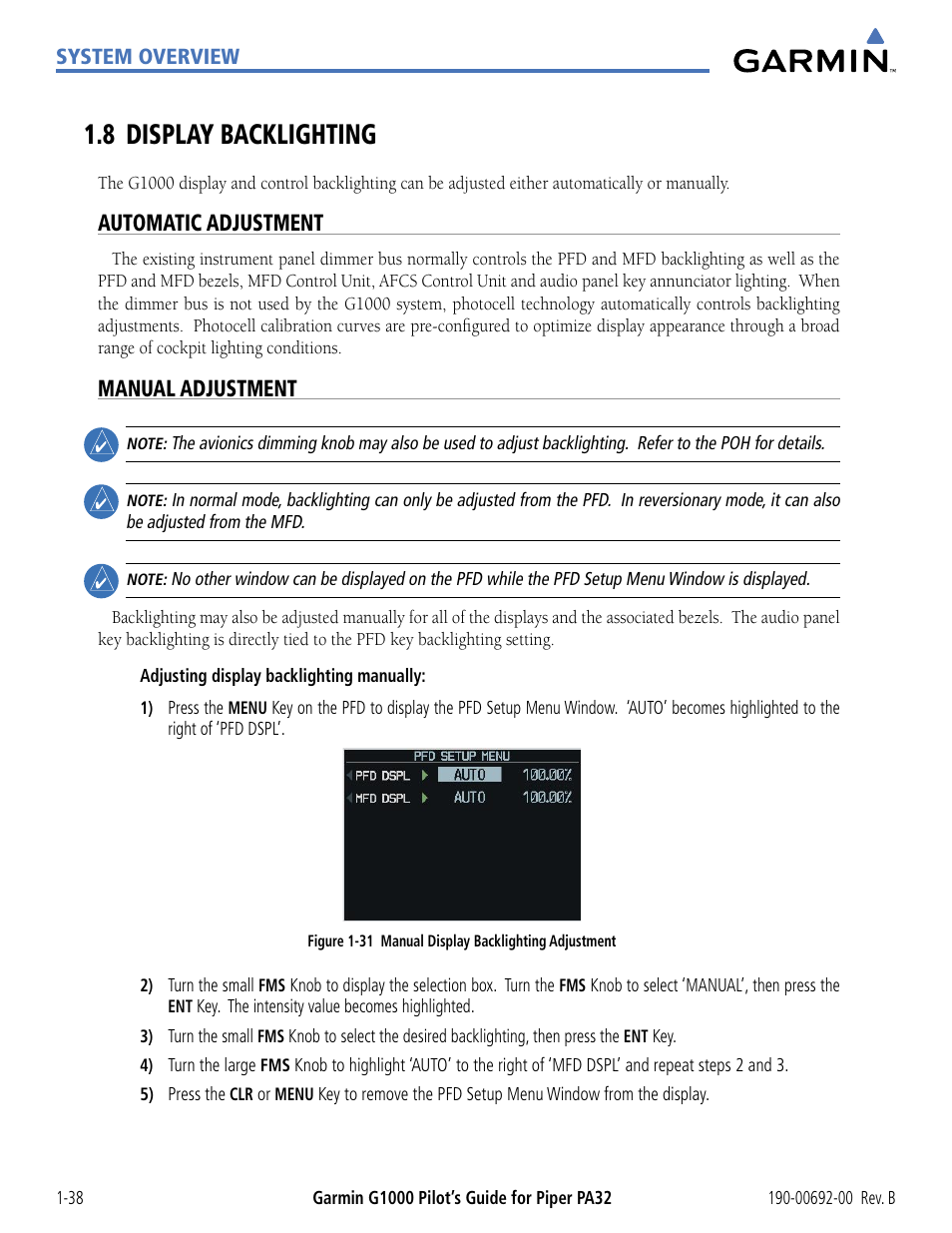 8 display backlighting, Automatic adjustment, Manual adjustment | 8 display backlighting -38 | Garmin G1000 Piper PA32 User Manual | Page 48 / 450
