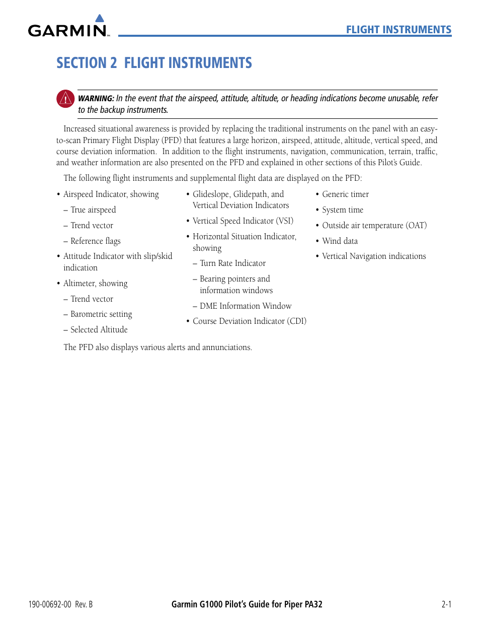 Section 2 flight instruments | Garmin G1000 Piper PA32 User Manual | Page 51 / 450