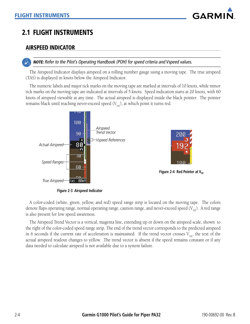 1 flight instruments, Airspeed indicator, 1 flight instruments -4 | Flight instruments | Garmin G1000 Piper PA32 User Manual | Page 54 / 450