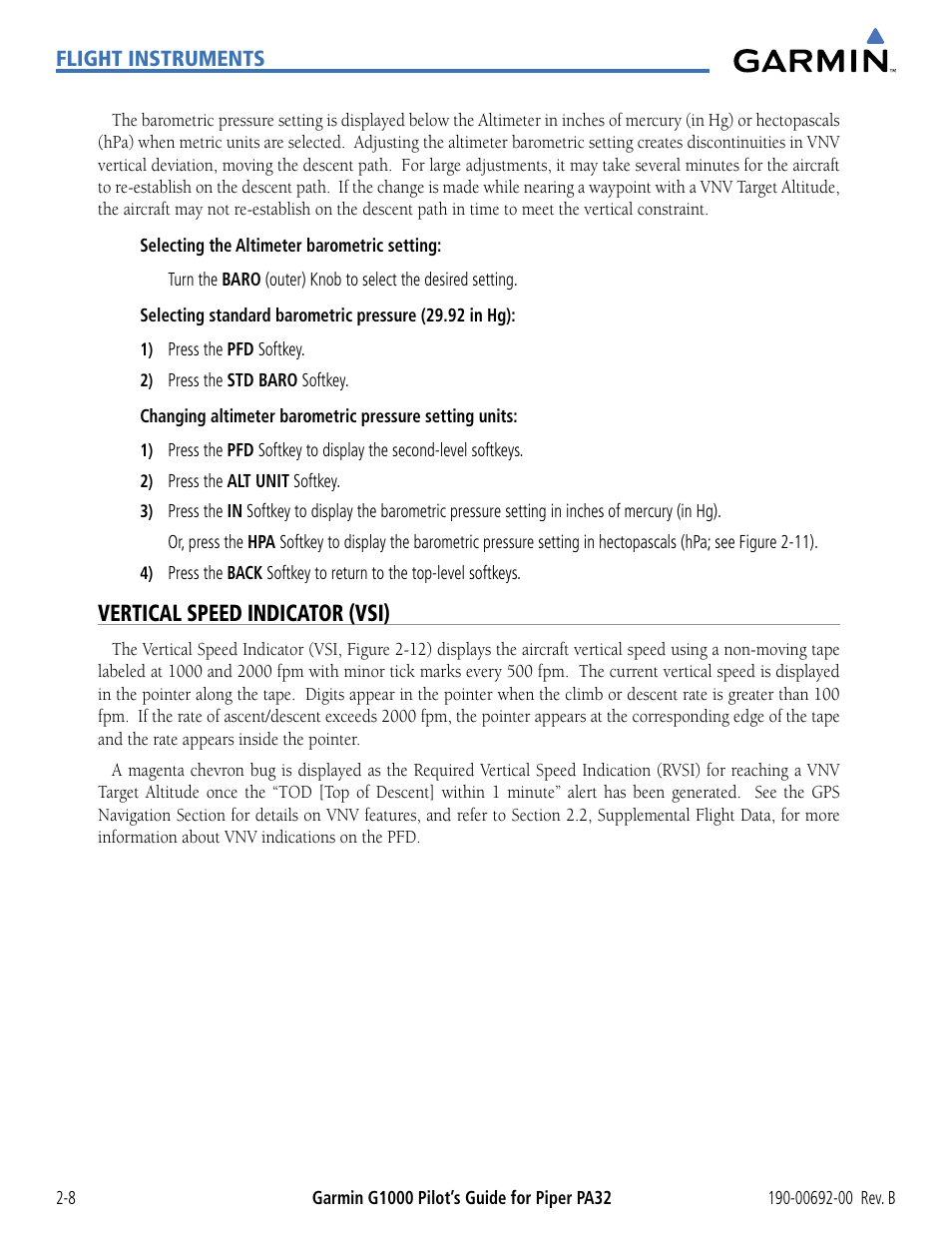 Vertical speed indicator (vsi) | Garmin G1000 Piper PA32 User Manual | Page 58 / 450