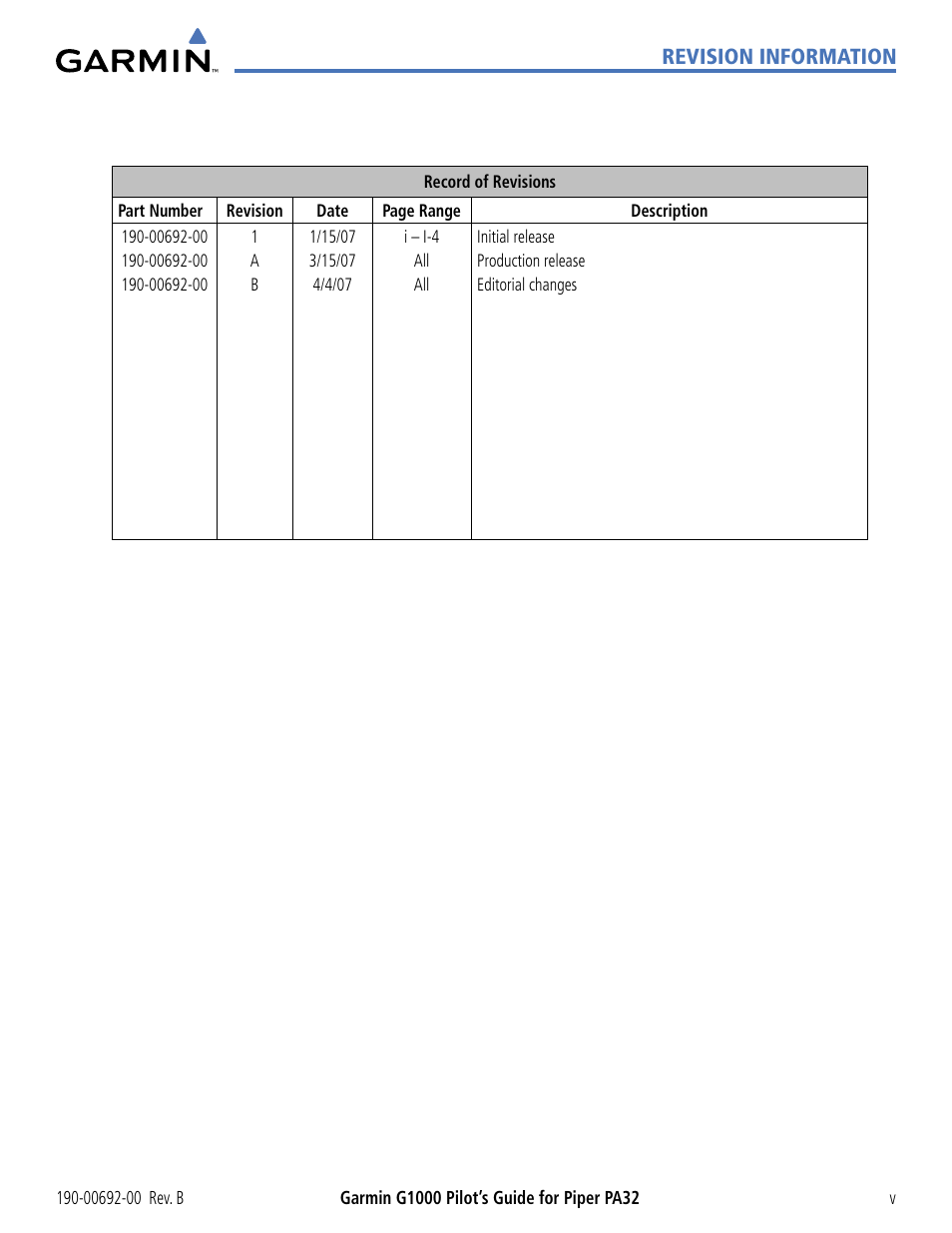 Revision information | Garmin G1000 Piper PA32 User Manual | Page 7 / 450