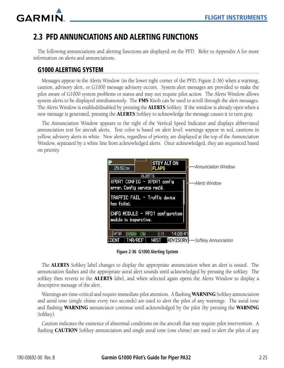 3 pfd annunciations and alerting functions, G1000 alerting system, 3 pfd annunciations and alerting functions -25 | Garmin G1000 Piper PA32 User Manual | Page 75 / 450