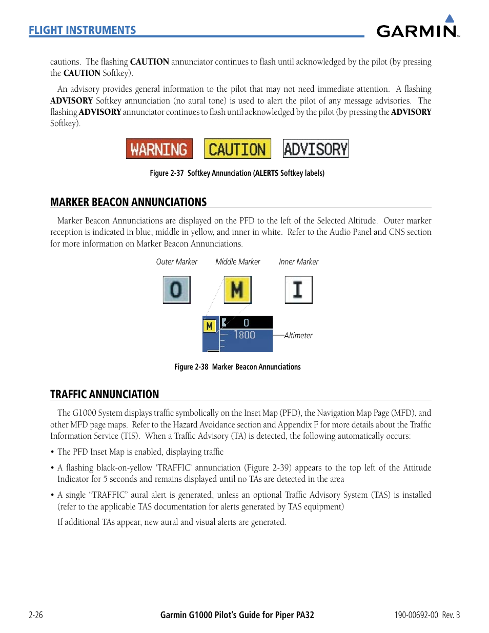 Marker beacon annunciations, Traffic annunciation, Trafﬁc annunciation | Garmin G1000 Piper PA32 User Manual | Page 76 / 450