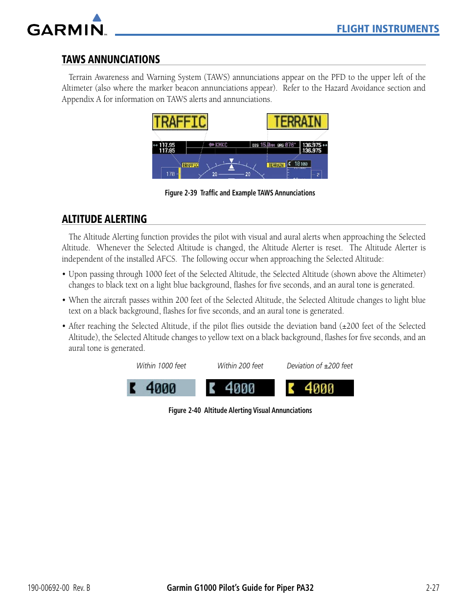 Taws annunciations, Altitude alerting | Garmin G1000 Piper PA32 User Manual | Page 77 / 450