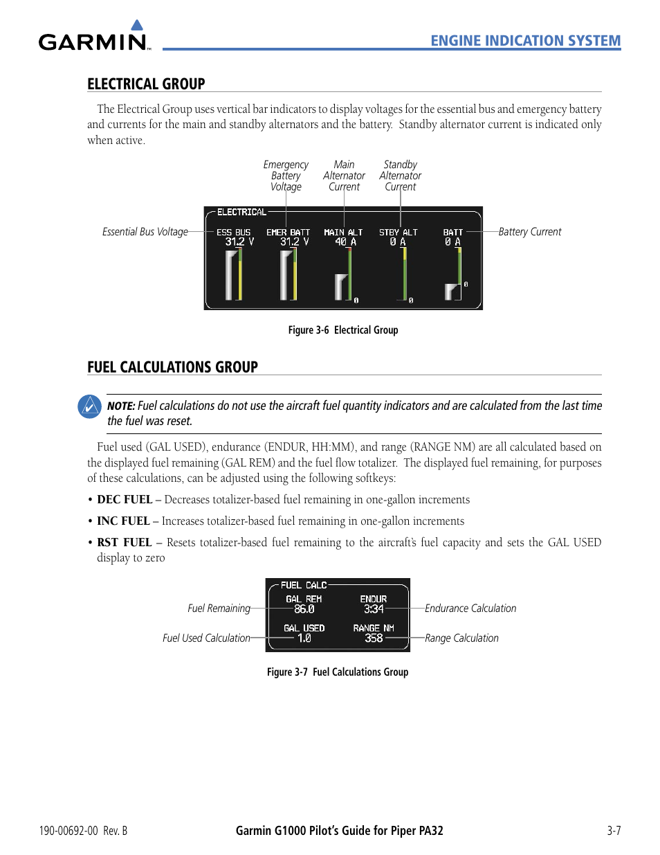 Electrical group, Fuel calculations group, Engine indication system | Garmin G1000 Piper PA32 User Manual | Page 87 / 450