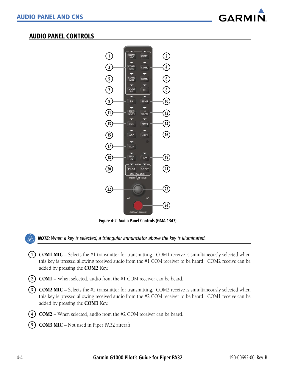 Audio panel controls, Audio panel and cns | Garmin G1000 Piper PA32 User Manual | Page 98 / 450