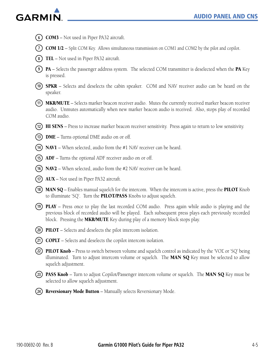 Audio panel and cns | Garmin G1000 Piper PA32 User Manual | Page 99 / 450
