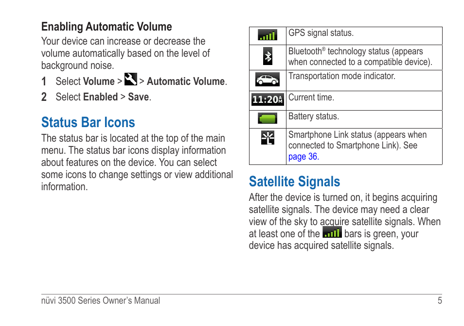 Status bar icons, Satellite signals | Garmin nuvi 3590LT User Manual | Page 11 / 88