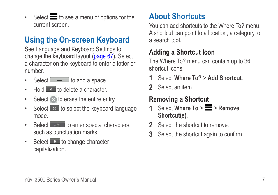 Using the on-screen keyboard, About shortcuts | Garmin nuvi 3590LT User Manual | Page 13 / 88