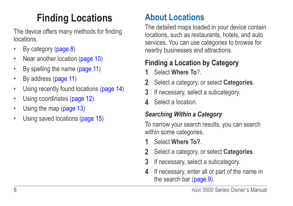 Finding locations, About locations | Garmin nuvi 3590LT User Manual | Page 14 / 88