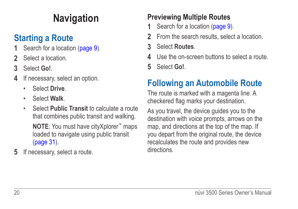 Navigation, Starting a route, Following an automobile route | Garmin nuvi 3590LT User Manual | Page 26 / 88