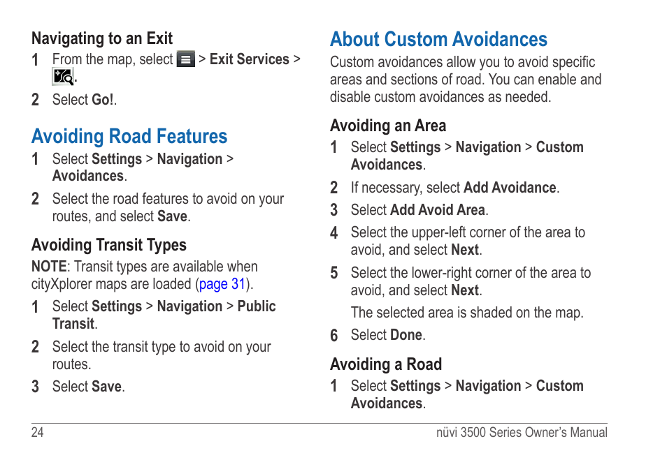 Avoiding road features, About custom avoidances | Garmin nuvi 3590LT User Manual | Page 30 / 88