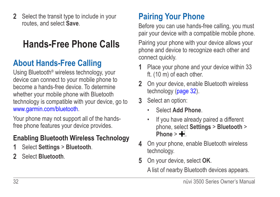 Hands-free phone calls, About hands-free calling, Pairing your phone | Garmin nuvi 3590LT User Manual | Page 38 / 88