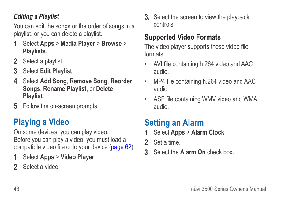 Playing a video, Setting an alarm | Garmin nuvi 3590LT User Manual | Page 54 / 88