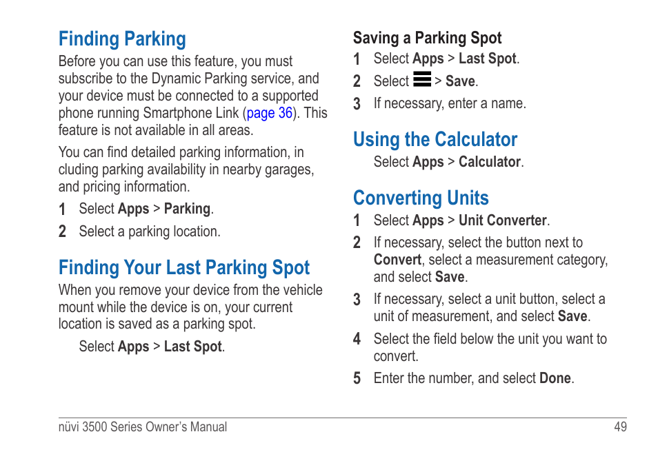 Finding parking, Finding your last parking spot, Using the calculator | Converting units | Garmin nuvi 3590LT User Manual | Page 55 / 88