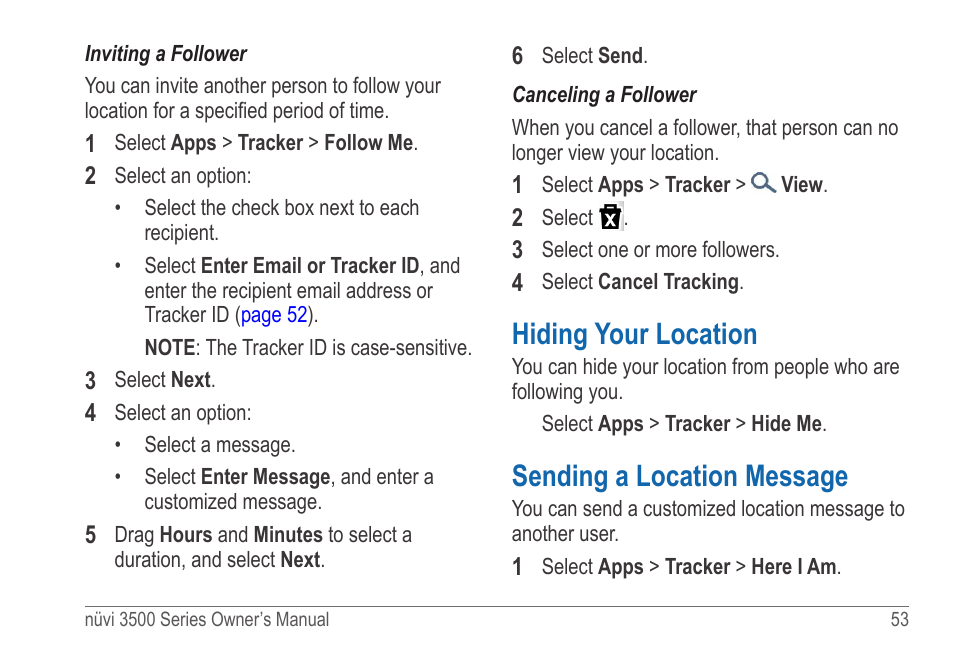 Hiding your location, Sending a location message | Garmin nuvi 3590LT User Manual | Page 59 / 88