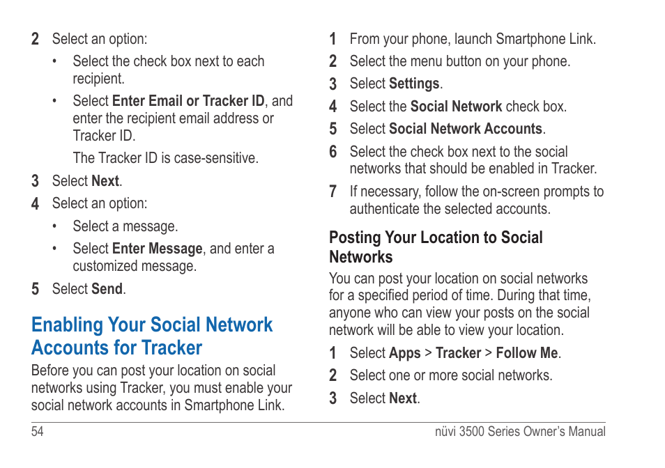 Enabling your social network accounts for tracker, Enabling your social network accounts for, Tracker | Garmin nuvi 3590LT User Manual | Page 60 / 88