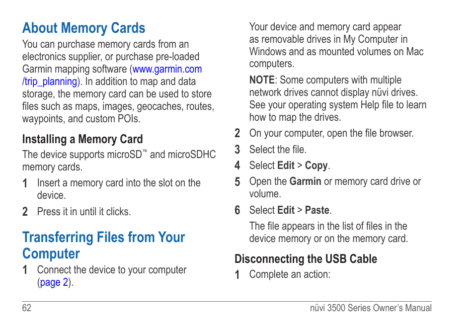 About memory cards, Transferring files from your computer | Garmin nuvi 3590LT User Manual | Page 68 / 88