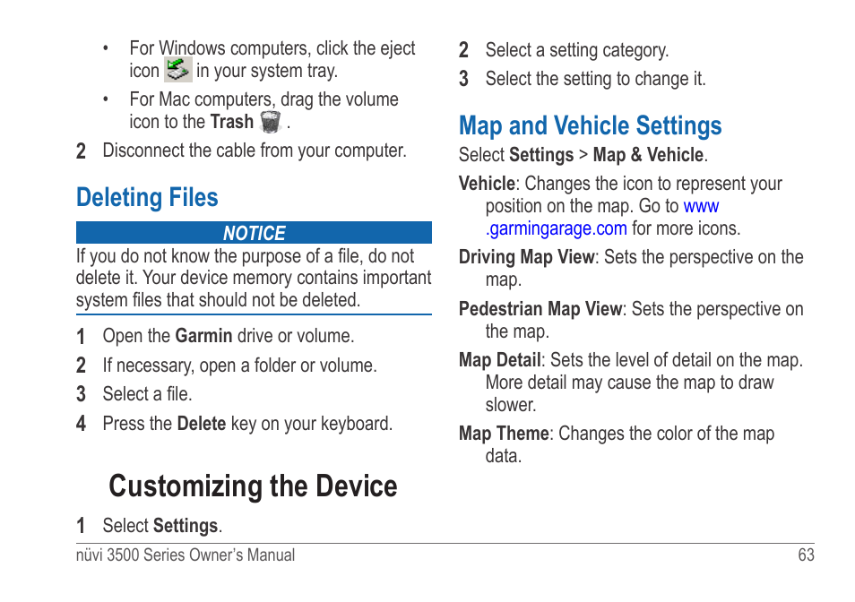 Deleting files, Customizing the device, Map and vehicle settings | Garmin nuvi 3590LT User Manual | Page 69 / 88