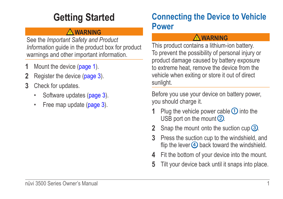 Getting started, Connecting the device to vehicle power | Garmin nuvi 3590LT User Manual | Page 7 / 88