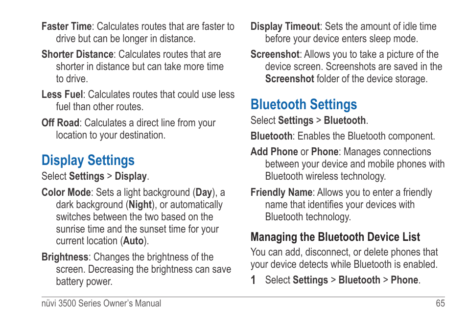 Display settings, Bluetooth settings | Garmin nuvi 3590LT User Manual | Page 71 / 88