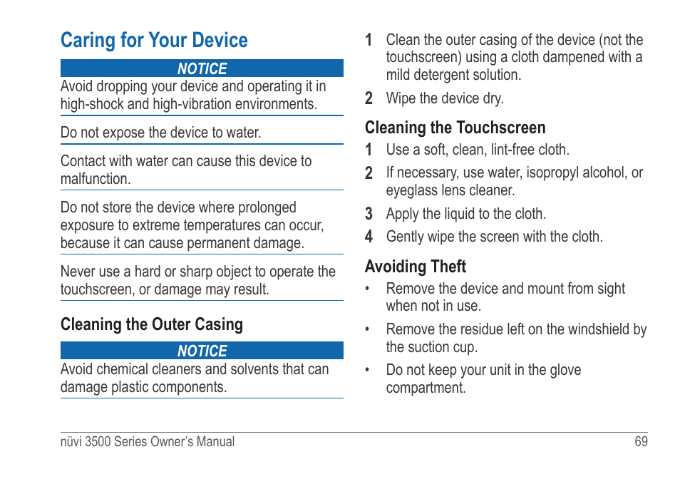 Caring for your device | Garmin nuvi 3590LT User Manual | Page 75 / 88