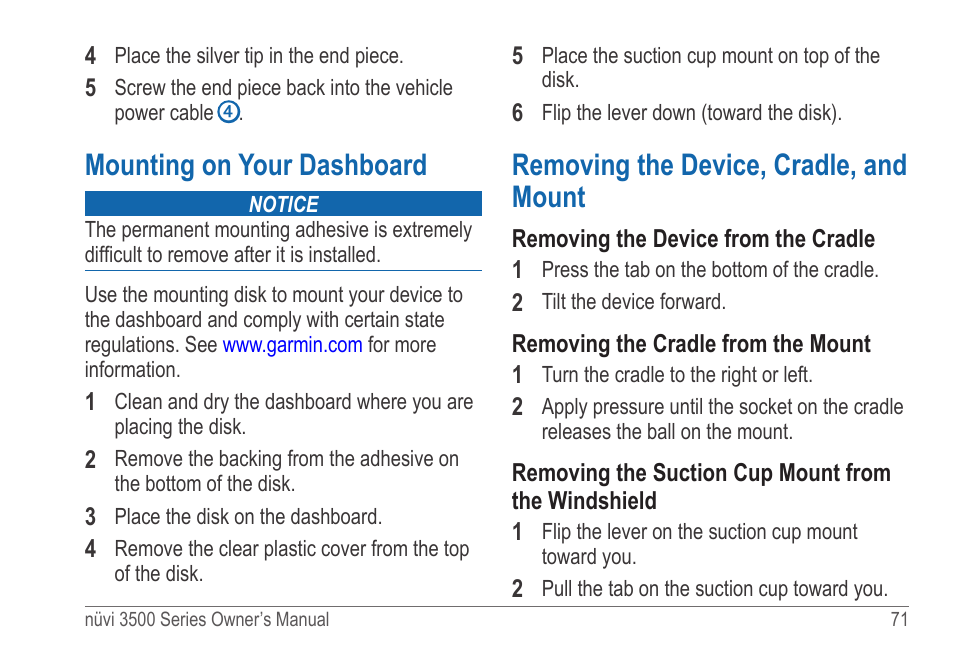 Mounting on your dashboard, Removing the device, cradle, and mount | Garmin nuvi 3590LT User Manual | Page 77 / 88